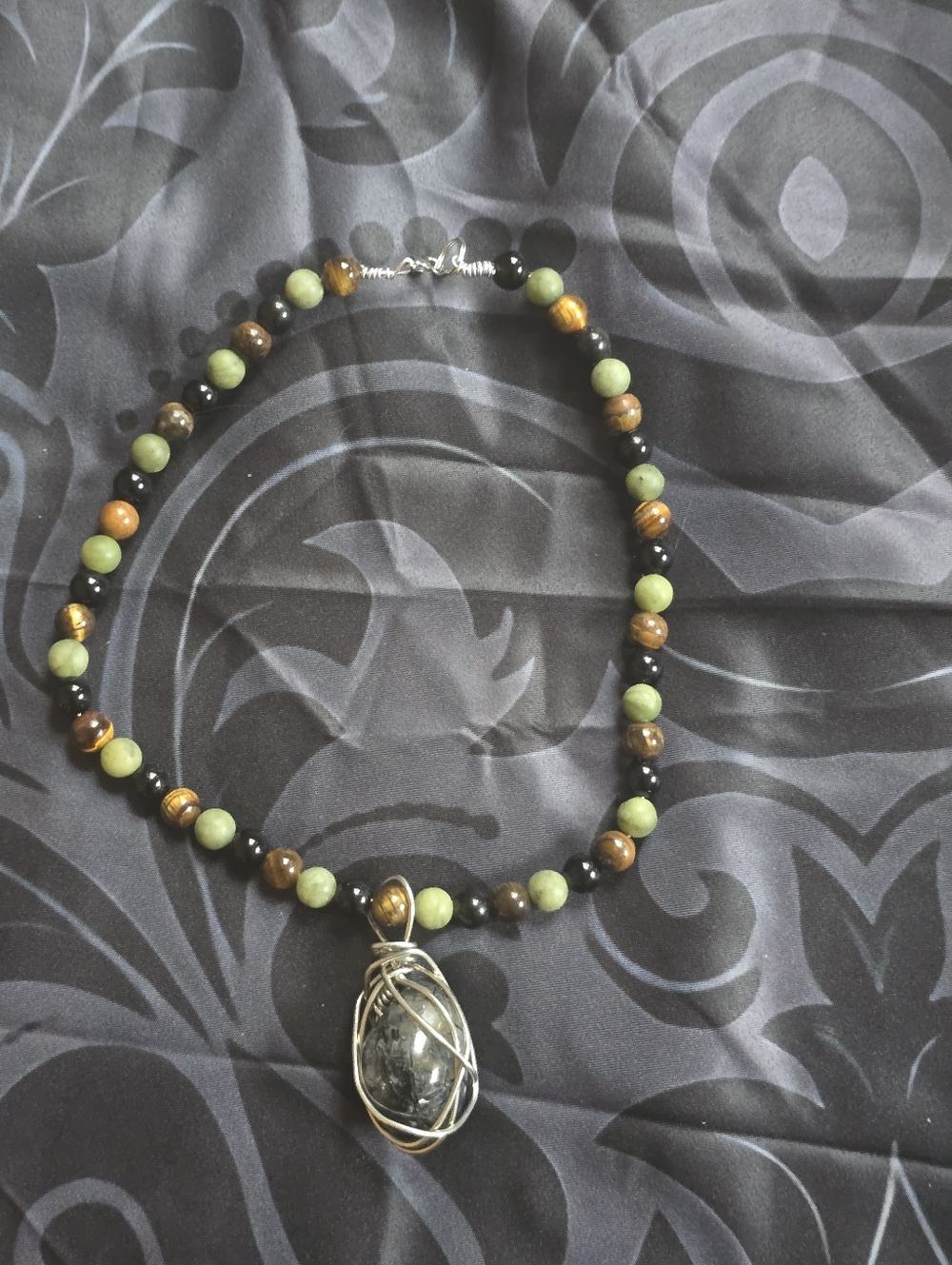Handcrafted Green and Tigers Eye Beaded Necklace with Wire-Wrapped Stone Pendant